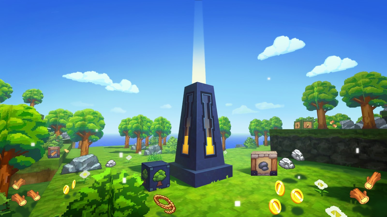 Скриншот игры с зелёным островом и монументом